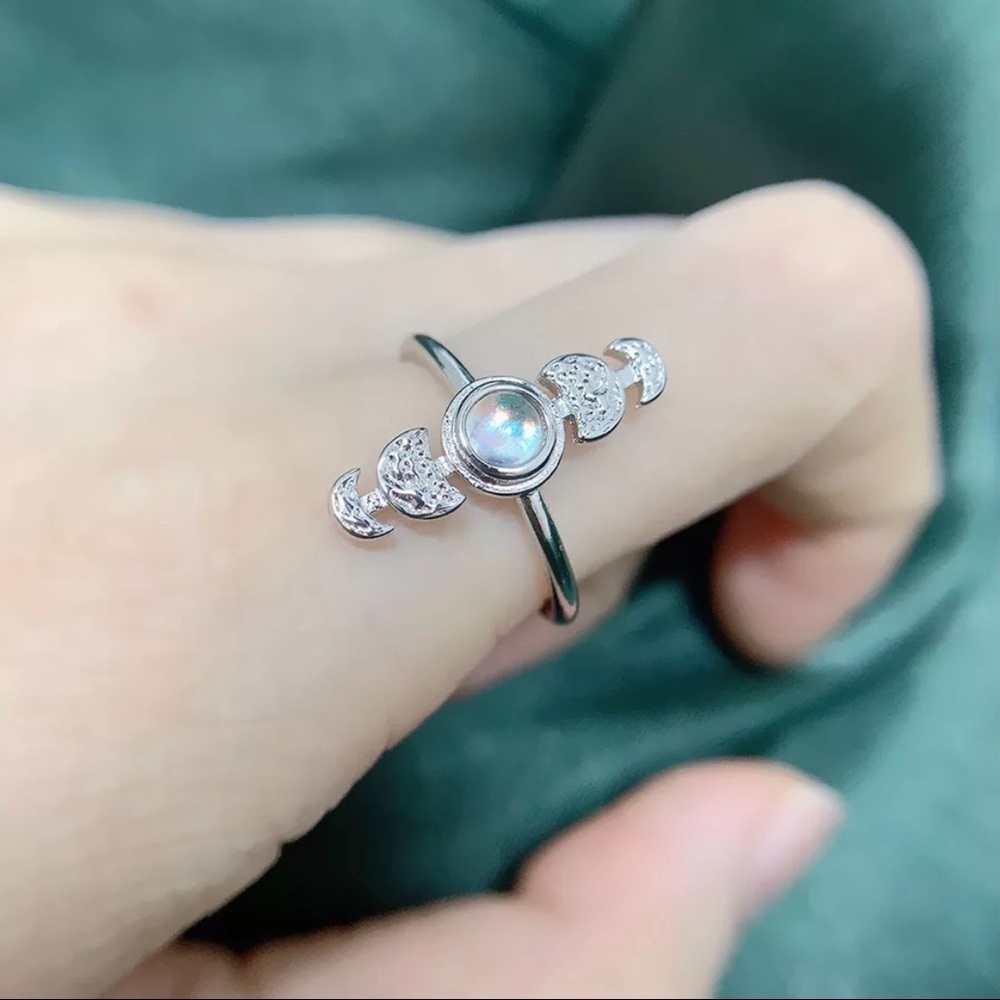 Crescent Moon Phase Moonstone Silver Tone Ring 6